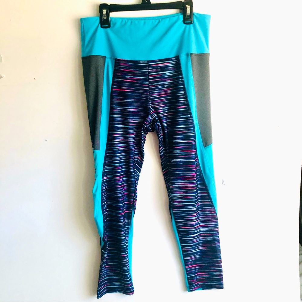 SALE! Bally Total Fitness Leggings, SZ L, Gray, Turquoise, Pink & Black, Exc.Con